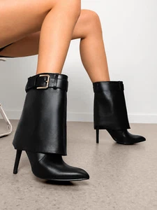 Women Mid Calf Boots Trouser Boots Pointed Toe Buckle Denim Stiletto Heels Boots - Picture 1 of 20