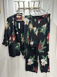 Chico’s Soft Jacket Ruched Slv 3/4 Black/red Size 4 With Pants Suite Size 3.5T - Picture 1 of 19