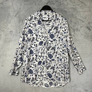 Coastal Cottagecore Blue Floral Linen Button Up Shirt Small Resort Chic Vacation - Picture 1 of 5