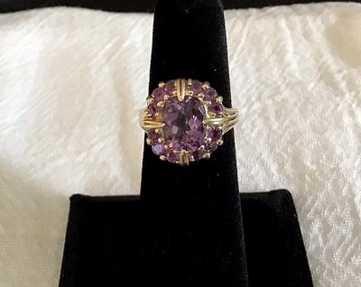 Antigo Anel de declaração de ametista designer SCBS ouro amarelo 10K oval/redondo - lindo - Imagem 1 de 4