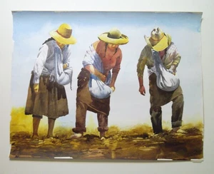 Original Peruvian Watercolor Painting of Farmers Planting Signed Folk Art 25X19 - Picture 1 of 7
