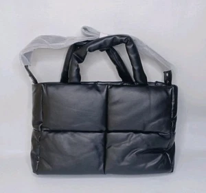 Puffer Tote Purse Black Puffy Polyester Shoulder Bag Double Handle - Picture 1 of 11