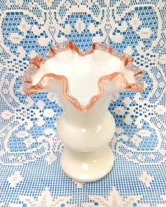 VTG Fenton MILK GLASS 7" VASE Pink Rose Crest CRIMPED Ruffle FAST SHIP - Picture 1 of 10