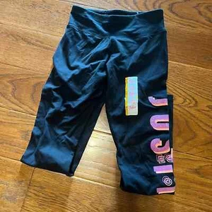 Justice (NWT) black leggings with purple & orange glitter letters size L 10/12 - Picture 1 of 8