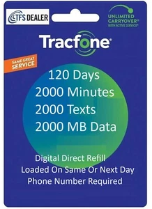TracFone 120 dni 2000 min/2000 tekstów/2000MB danych, bezpośrednie uzupełnianie, wymagany numer - Zdjęcie 1 z 1