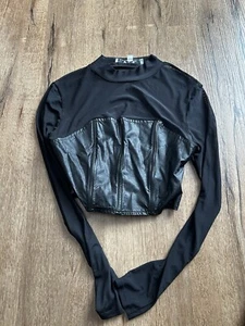 O.L.M Black PU Leather Cropped Transparent Top Long Sleeve Size Small - Picture 1 of 6