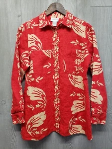 Soft Surroundings Shirt Womens Small 100% Linen Button Up Hawaiian Floral Red - Picture 1 of 11