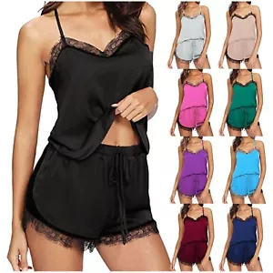 Womens Sleepwear Cami Set Satin Pajamas Sexy Lace Cami Tops Shorts Nightwear Set - Foto 1 di 20