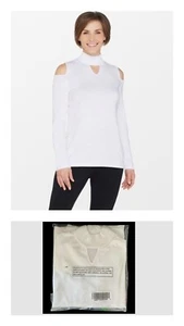 Susan Graver Rayon Nylon Size 1X White Cold Shoulder Mock Neck Sweater - Picture 1 of 6