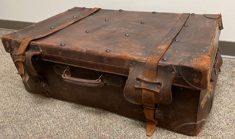 Large Antique Leather Travel Suitcase, English Steamer Shipping Trunk Cover