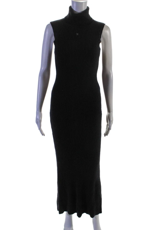 Chanel Mujer Sin Mangas Cuello Alto Acanalado Tejido Midi Suéter Vestido Negro FR 42 Foto 1 de 4