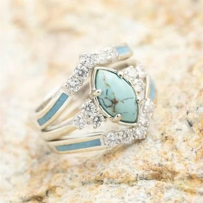 3-Piece Turquoise & Diamond Accent Bohemian Ring Set Silver Gift Western - Image 1 of 4