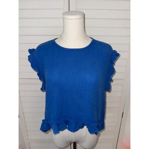 Ee Some Los Angeles Blue Ruffle Cap Sleeve Top Keyhole Back - Size S - Picture 1 of 6
