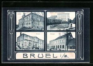 AK Brüel i. M., Volksschule, Wasser- und Dampf-Mühle, Meierei, Postamt - Picture 1 of 2
