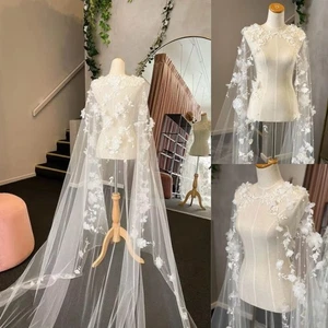 Romantische Blumen Hochzeit Tüll weiß Spitze Applikationen Perlen Floral Braut Umhänge - Bild 1 von 7