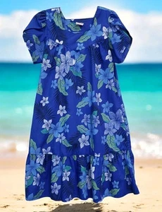 Vintage Kalena Fashions of Hawaii Floral Blue Hawaiian Muumuu Dress Womens M - Picture 1 of 8
