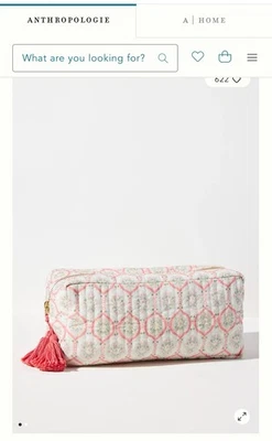 Anthropologie Printed Cotton Cosmetic Bag Tassel Accents 5x11 Pink White EUC - Image 1 of 4
