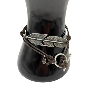 M.Cohen 925 Feather Charm Brown Leather Double Strand Wrap Bracelet Toggle Nice - Picture 1 of 8
