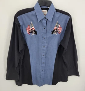 Ely Country Charmers Western Shirt Womens Medium Blue Embroidered Flag Vintage - Picture 1 of 8
