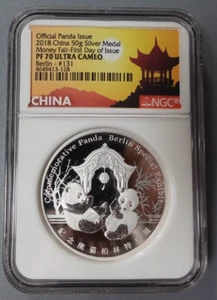 2018 PF70UC NGC CHINA  50g SILVER PANDA BERLIN MONEY FAIR- FIRST DAY OF ISSUE  - Picture 1 of 7