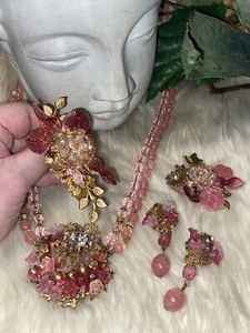 Miriam Haskell Pink Glass 4 Pc Necklace Bracelet Brooch Earring Parure Set! D7 - Picture 1 of 24