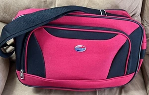 American Tourister Red Black Canvas Zip Duffle Travel Bag Luggage Shoulder Strap - Picture 1 of 5