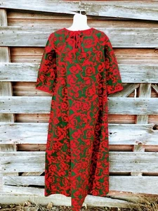 Vintage 1960s Red and Green Floral cotton Twill Kaftan Maxi Dress - Picture 1 of 12