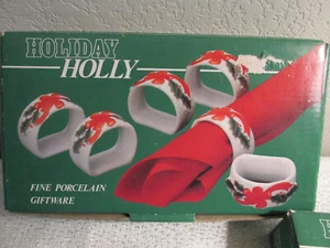 CHRISTMAS HOLIDAY NAPKIN RINGS FINE PORCELAIN RED BOW GREEN HOLLY LEAVES JAPAN - Picture 1 of 6