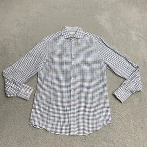 Brunello Cucinelli Shirt Mens Medium White Blue Brown Button Up 100% Linen Italy - Picture 1 of 10