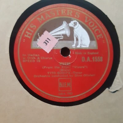Tito Schipa ‎– Vivere / Torna Piccina  - 78rpm 10"  V+ DA 1558 HMV - Image 1 of 2