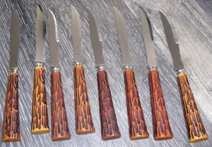 Vintage Vtg Crown Sheffield Antler Bone Handle 8 Steak Knives - Bild 1 von 3