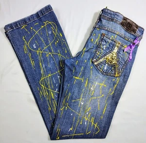 Dollhouse Jeans Juniors Size 7 Blue Flare Bell Bottom Paint Splattered Bling Y2K - Picture 1 of 11