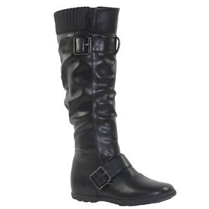 Women's Knee High Boots Ruched Knit Cuff Double Straps Buckles Black PU SZ 7.5
