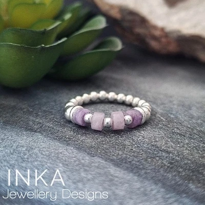 925 Sterling Silver Stretch Stack Thumb Ring with Amethyst beads by INKA - Image 1 of 4