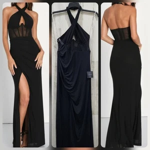 LULUS Never Ending Glamour schwarz Netz vorne gekreuzt Neckholder Maxikleid PLUS Gr. XXL - Bild 1 von 12