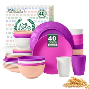 40-Piece Wheat Straw Dinnerware Set, Reusable Plates and Bowls Sets, Alternat... - Picture 1 of 8