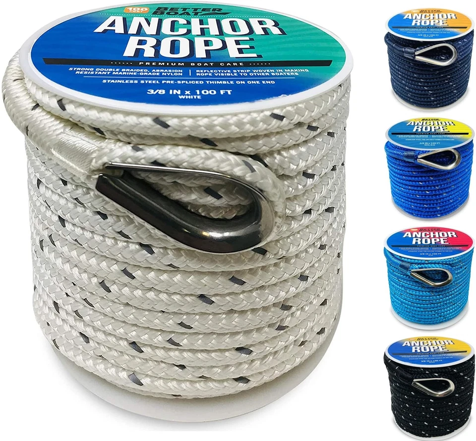 Cuerda de Anclaje de Barco Premium, 100 Pies Doble Trenzado Blanco Nylon Línea Marina, 3/8... Foto 1 de 4