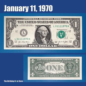January 11, 1970 Birthday Anniversary $1 One Dollar Bill Serial Number 01111970 - Picture 1 of 2