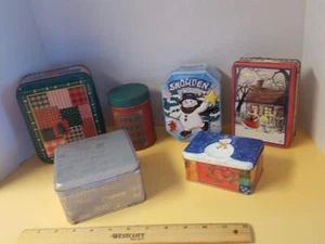6 Vintage Christmas Tin Boxes Snowman Tree Peace Engelbreit Snowden Square Tins - Picture 1 of 1
