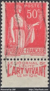 FRANCE TYPE PAIX N°283 AVEC BANDELETTE PUB L'ART VIVANT AVEC OBLITERATION - Picture 1 of 2