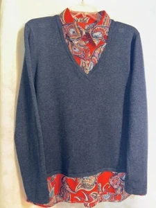 Investments Women's Size L Navy Sweater w/Blouse/Shirt  Paisley Floral Pattern - Picture 1 of 9
