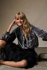 NWT Anthropologie $$130 Puff Sleeved Velvet Buttondown Blouse XS - Picture 1 of 3