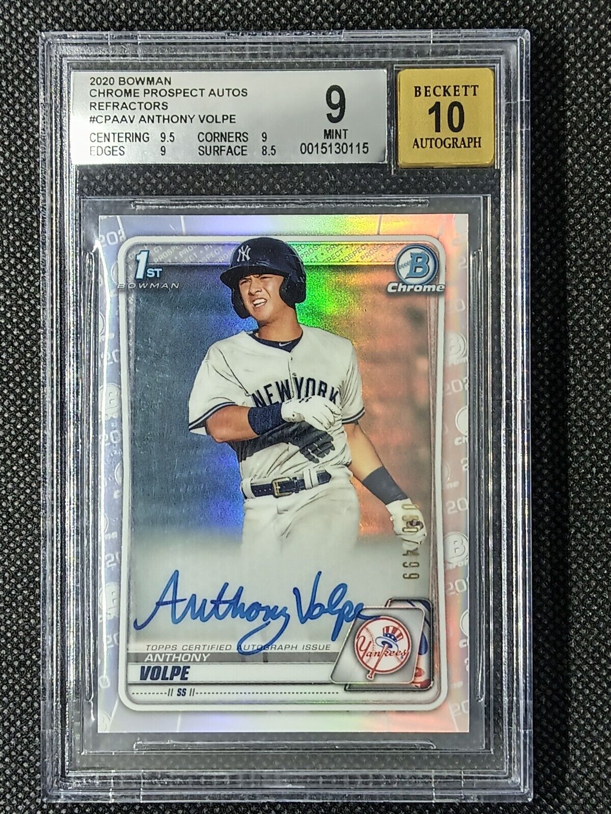 Anthony Volpe 2020 Bowman 1st Chrome Prospect Auto Refractor #/499 BGS 9 Auto 10