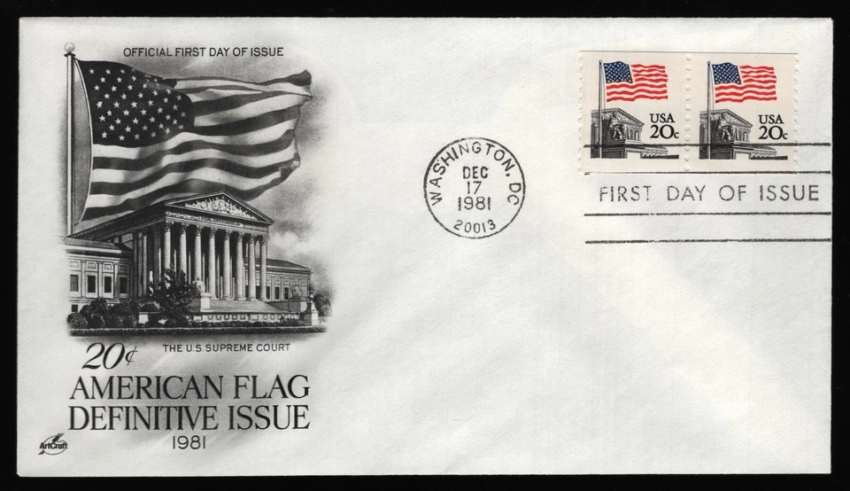 #1895 20c Flag Over Supreme Court-Pair, Art Craft FDC **ANY 5=FREE SHIPPING** - Image 1 of 1