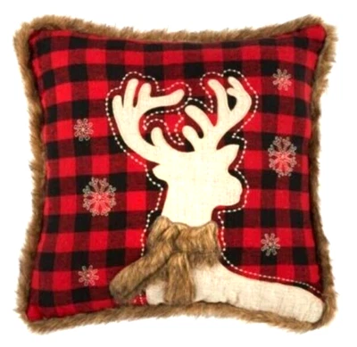 Christmas Throw Pillow Reindeer Red Black Buffalo Check 18x18" Faux Fur Square - Image 1 of 4