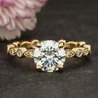 Round Cut Moissanite Art Deco Side Stone  Engagement Ring 9k Solid Yellow Gold