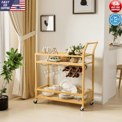 Gold Bar Cart Mobile Serving Cart W/ Wine Rack Glass Holder Kitchen Dining Room - Image 1 of 4