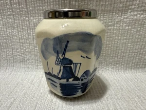 Vintage Delfter Blau-Holland-Weiß/Blau Windmühle Grafik-Keramik Vase mit Metallrand - Bild 1 von 13