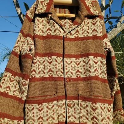 True Vintage 60s Woolrich  Wool Blanket coat Jacket belt Size L Aztec Tan Browns - Image 1 of 4