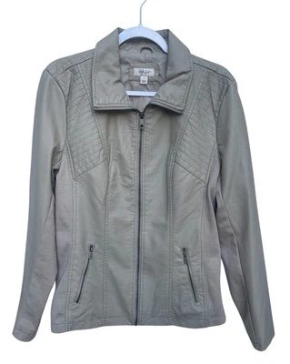 Style & Co NWT Women’s Large Bone Faux Leather Moto Jacket Zip Front Pockets - Image 1 of 4